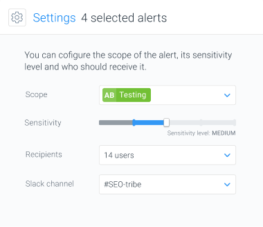Advanced configuration of SEO alerts including scope, sensitivity threshold and Slack channel.